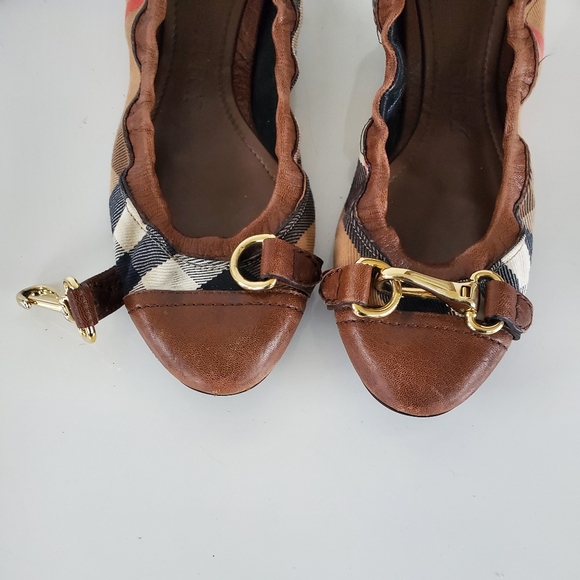 Burberry Brown Nova Check Fabric & Leather Buckle Detail Scrunch Ballet Flats 38 - Picture 8 of 13
